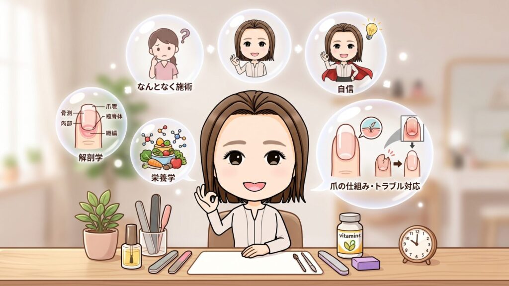 解剖学・栄養学に基づいた深い自爪育成が学べる
