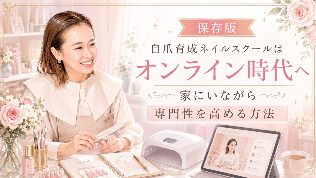自爪育成ネイルスクールのオンライン学習をテーマに、笑顔の女性とネイル用品、講座画面で家にいながら専門性を高める様子を示したデザイン