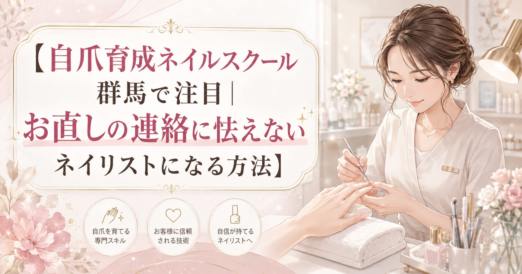 淡いピンクとゴールドのサロン空間で、女性ネイリストが来店者の自爪を丁寧にケアし、自爪育成ネイルスクールを群馬で学ぶ価値と信頼される技術を表現