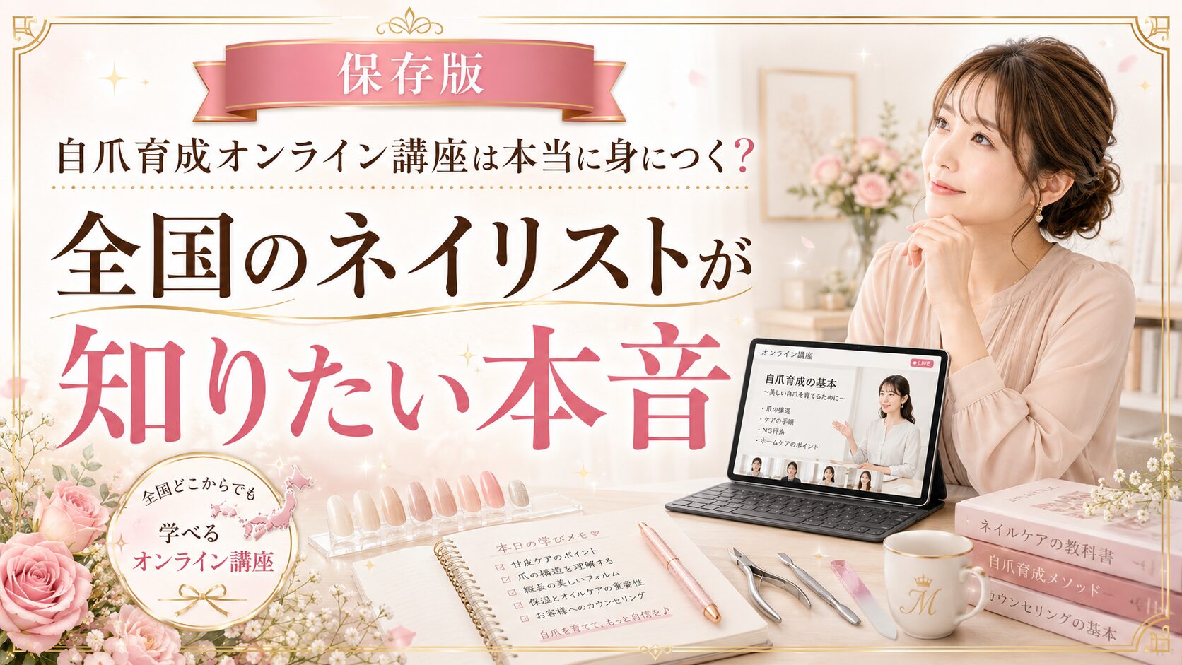 自爪育成オンライン講座が本当に身につくのか、全国から学べる仕組みをパソコン教材やネイル道具で示した淡色デザイン