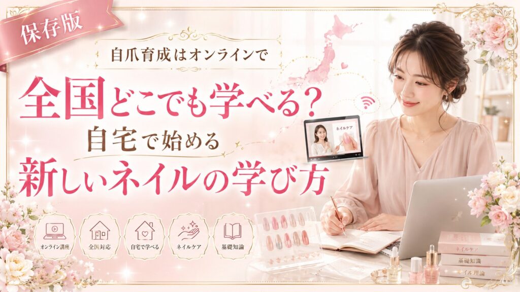 自爪育成をオンラインで全国どこでも学べることを、群馬を含むネイリスト向けに、自宅学習の机やパソコン、日本地図、ネイル見本で示した淡色デザイン