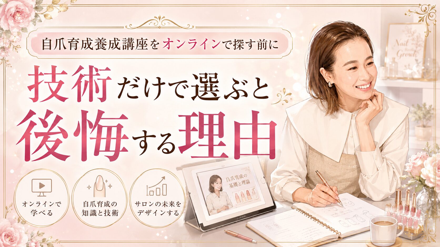 自爪育成養成講座をオンラインで探す人へ、技術だけで選ぶと後悔する理由を講師の表情や教材、学習画面で示した淡色デザイン