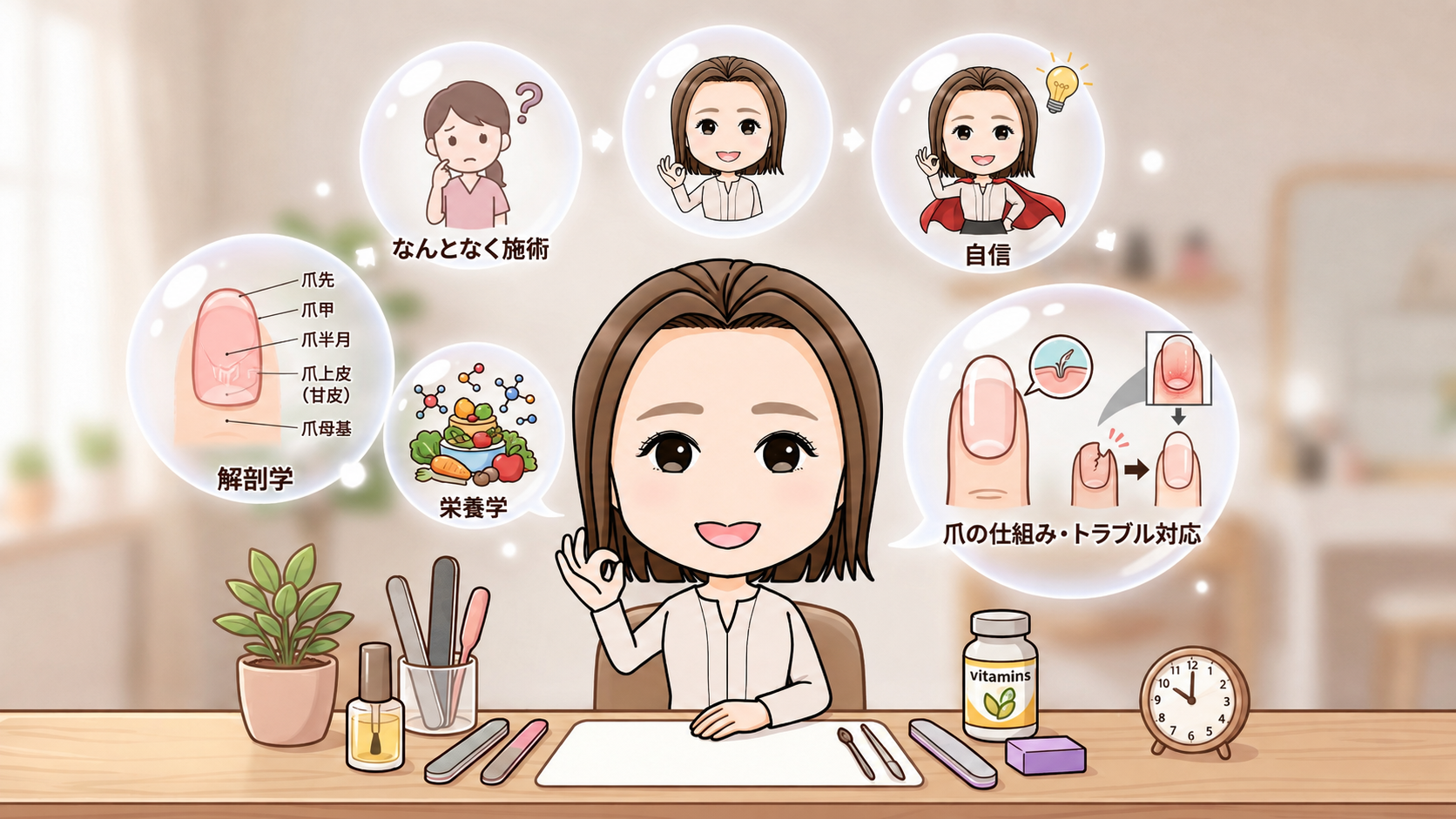 解剖学・栄養学に基づいた深い自爪育成が学べる
