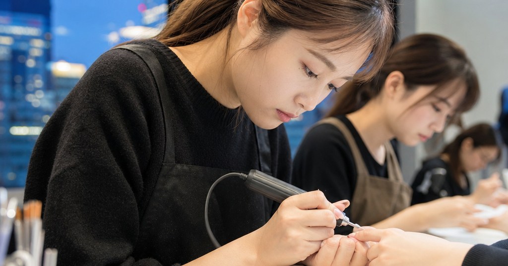 群馬・伊勢崎のネイルスクールで初心者がネイルの授業内容を学んでいる様子