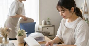 群馬で自爪育成サロンを開業するための準備をイメージした、ネイル施術スペースと自爪ケア用品