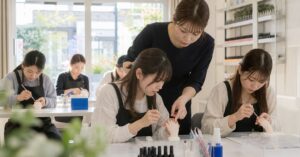 群馬・前橋のネイルスクールで初心者が授業を受け、ネイル技術を学んでいる様子
