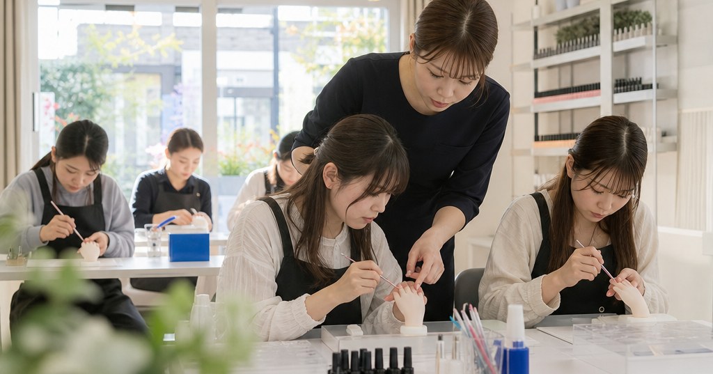 群馬・前橋のネイルスクールで初心者が授業を受け、ネイル技術を学んでいる様子
