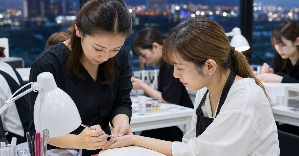 群馬のネイルスクールで授業を受けるネイル講師と生徒の手元
