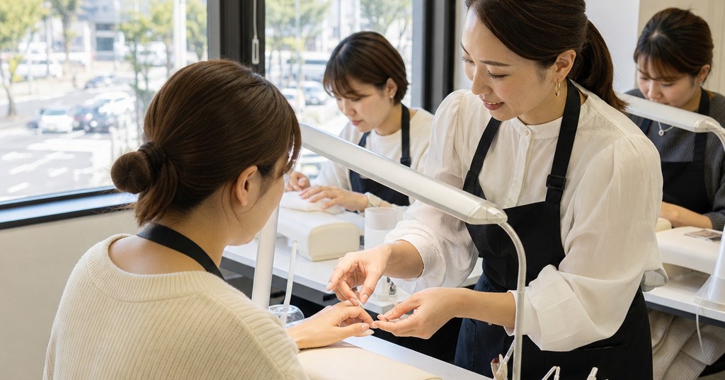 群馬・高崎のネイルスクールでネイルの授業を受ける生徒と講師