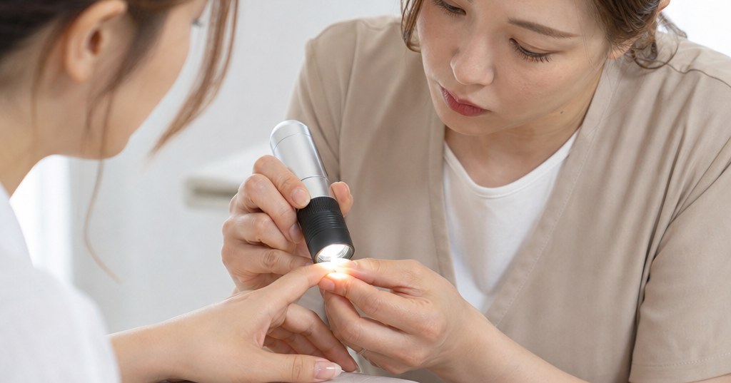高崎でトラブル爪のケア技術を学ぶネイルスクールの講師が、生徒の爪を確認している様子