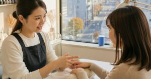 高崎で深爪に対応するネイルサロンで、施術内容や相談時の確認ポイントを説明するネイリストと手元の様子