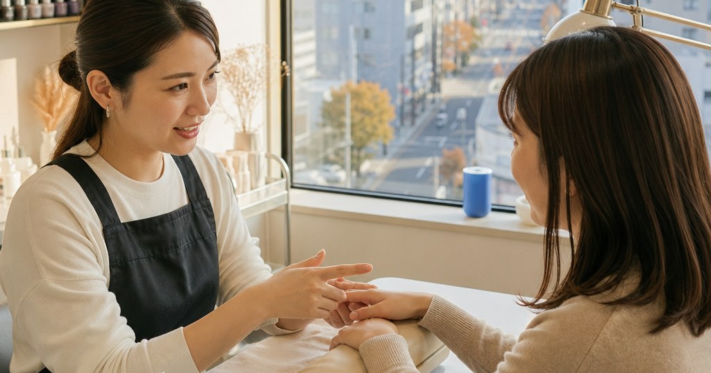 高崎で深爪に対応するネイルサロンで、施術内容や相談時の確認ポイントを説明するネイリストと手元の様子