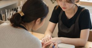 高崎でフィルインが苦手なネイリストが、ネイル施術の技術を練習している様子