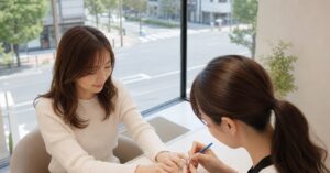 高崎で浮かないジェルネイルに仕上げるための施術を受ける女性の手元