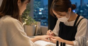 高崎で削らないネイルを検討する女性の手元とネイル施術の様子