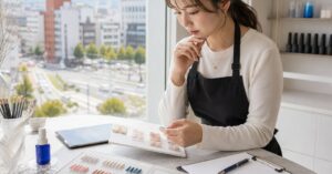 高崎で高単価ネイルのメニュー作りを考えるネイリストとネイルサンプル