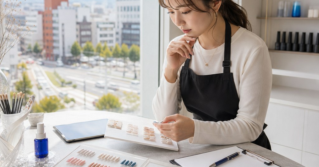 高崎で高単価ネイルのメニュー作りを考えるネイリストとネイルサンプル