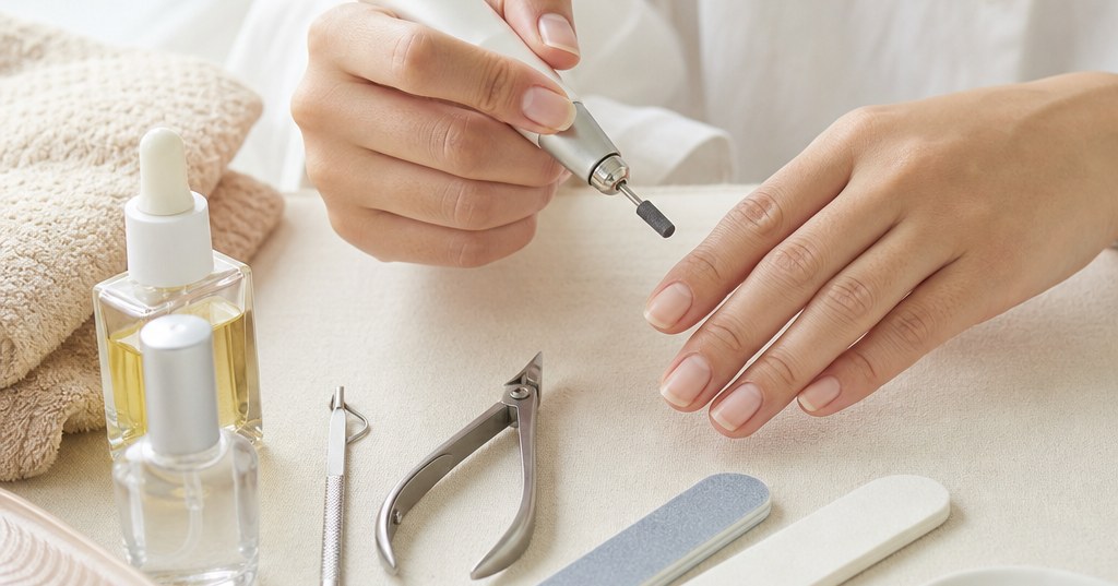 高崎で自爪ケア講座を受講する人向けに、ネイルファイルやキューティクルオイルなどの道具を並べたイメージ