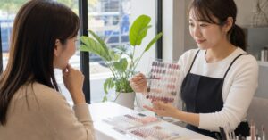 高崎でネイルのカウンセリングを受け、ネイリストに希望のデザインを相談する様子