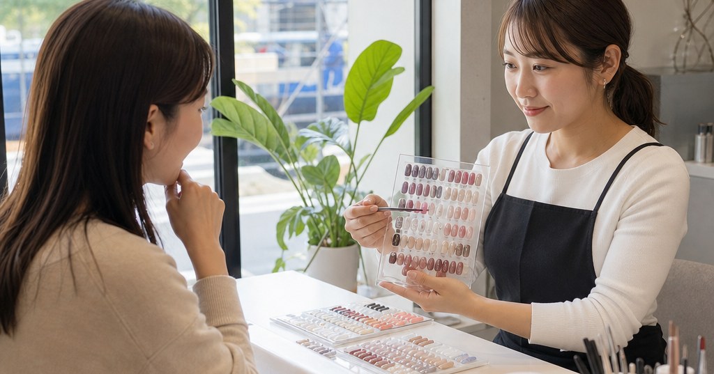 高崎でネイルのカウンセリングを受け、ネイリストに希望のデザインを相談する様子