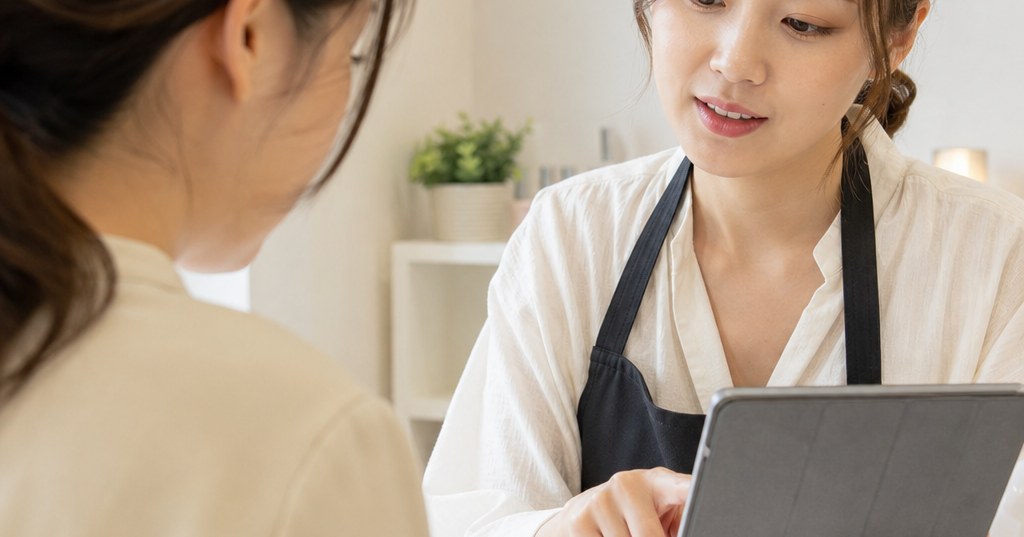 高崎 ネイルスクール 相談で確認したい授業内容や費用について相談する女性