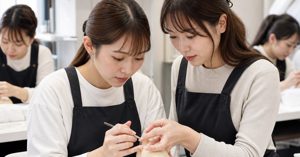 高崎のネイルスクールで短期受講する生徒がネイル技術を学んでいる様子