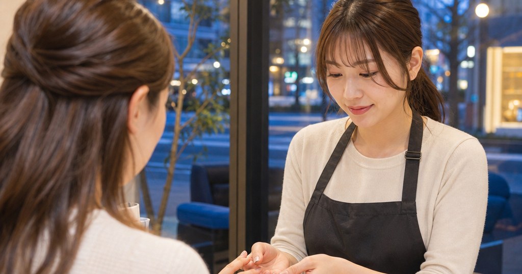 高崎でネイリストに相談する女性と、爪の悩みを確認するネイリスト