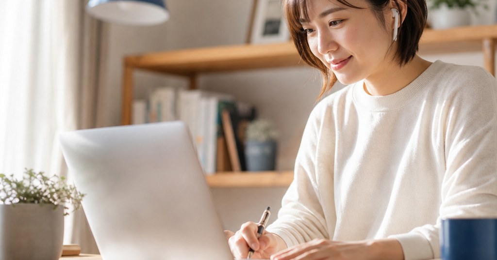 高崎のオンライン講座を自宅で受講し、ノートパソコンで学習する様子