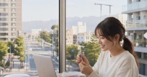 高崎のネイルスクールをオンラインで学ぶ女性が、ネイル教材とパソコンを使って授業を受けている様子