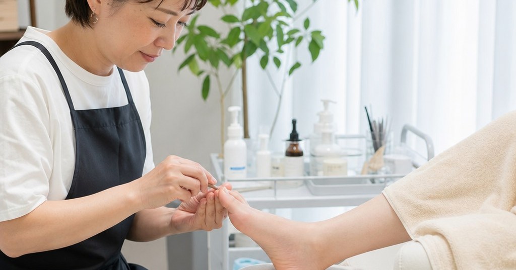 高崎 凹凸爪 対応の相談をイメージした、爪のケアを受ける女性の足元