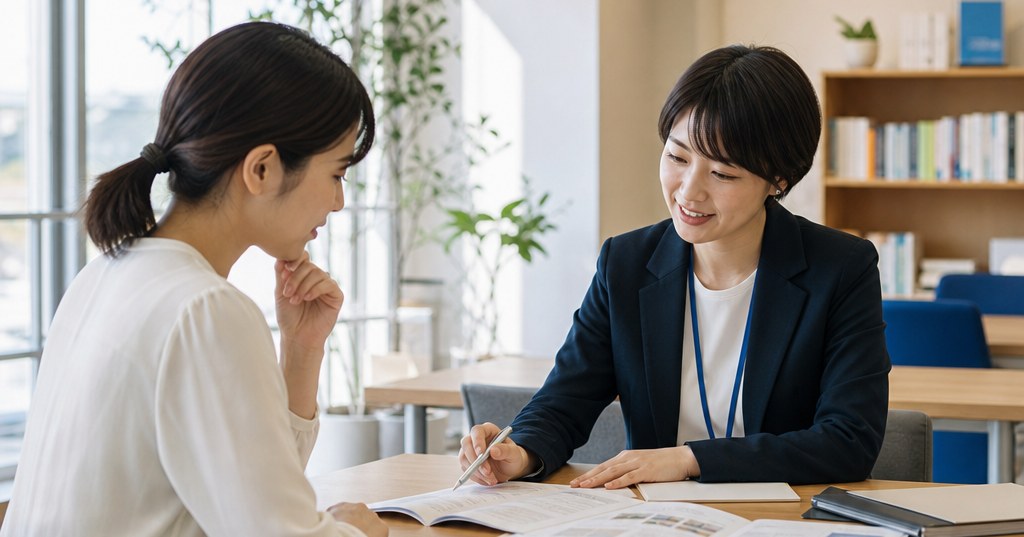 高崎 個別相談 スクールで講座内容や費用を確認する受講希望者とスタッフ