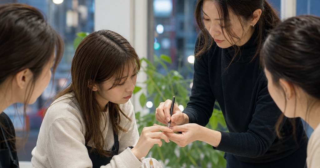高崎で小爪講座を受ける受講生が、講師から小爪ケアとネイル技術を学んでいる様子