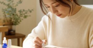 高崎で爪が薄い人に合うネイル施術と自宅ケアをイメージした、ナチュラルカラーのネイルと手元